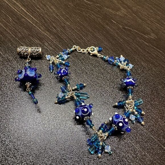 Vintage blue hand-blown glass and sterling silver bracelet, pendant bundle! - Picture 1 of 16